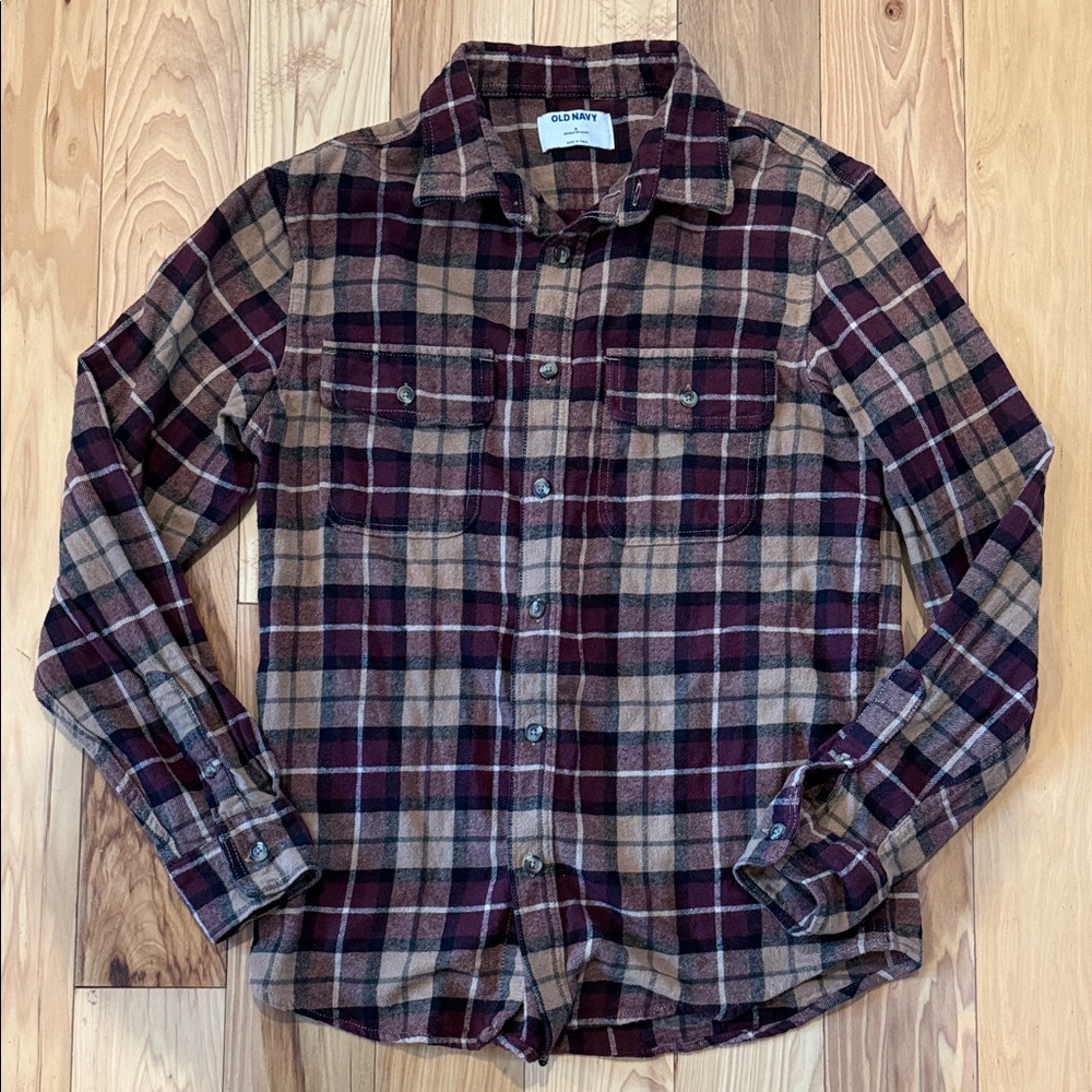 Old Navy Men's Casual Plaid Shirt - Burgundy and Tan